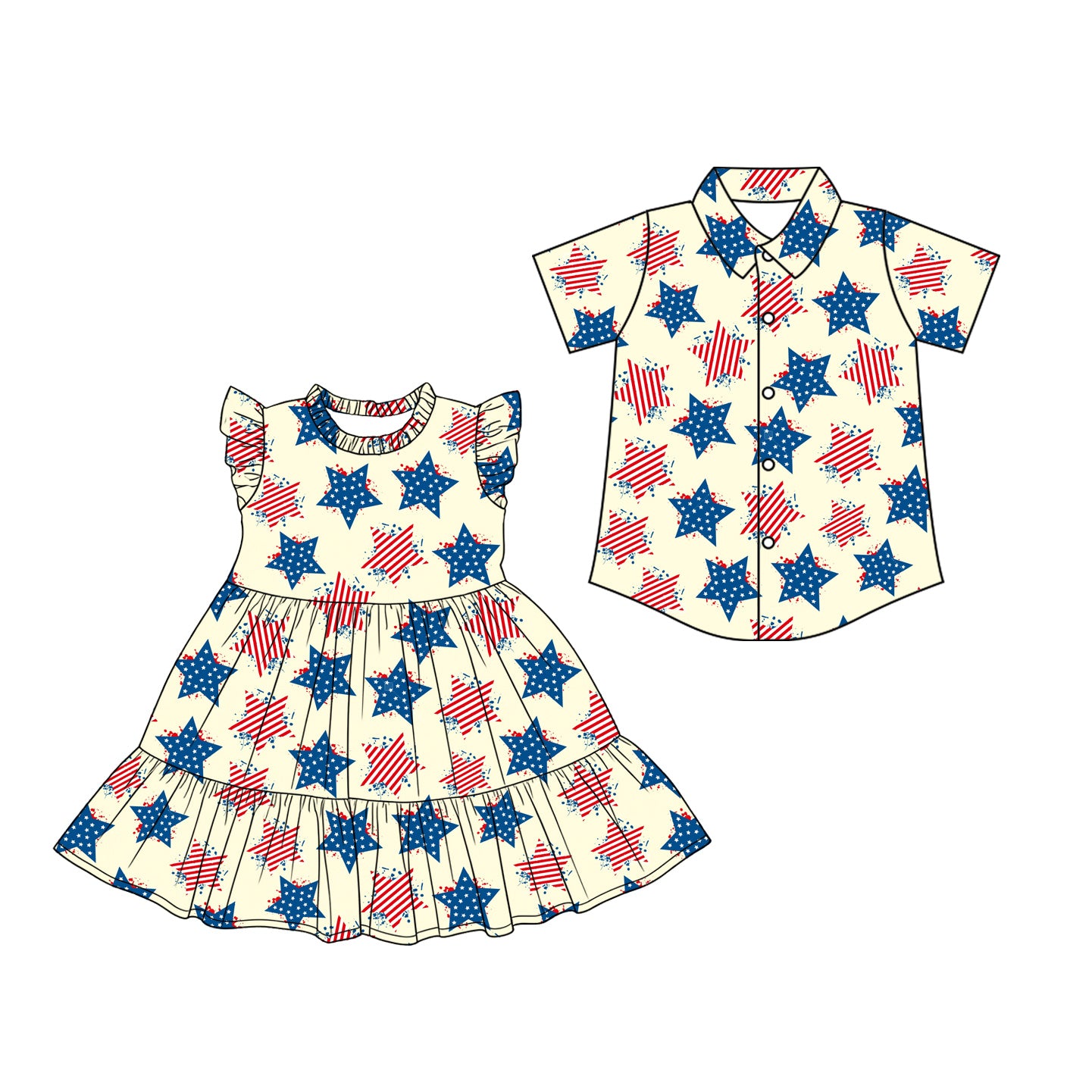 Custom moq 5 mix size Sibling Baby Boys Star-Print Short-Sleeved Button-Down Shirt And Baby Girls Dress 4th of July Outfit Set for Infants