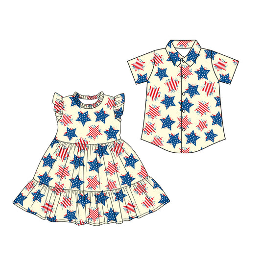 Custom moq 5 mix size Sibling Baby Boys Star-Print Short-Sleeved Button-Down Shirt And Baby Girls Dress 4th of July Outfit Set for Infants