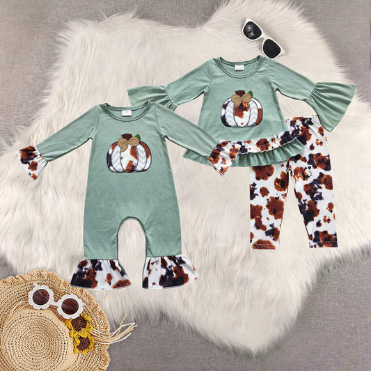 RTS NO MOQ Sibling Baby girls halloween pumpkin long-sleeved trousers suit & romper