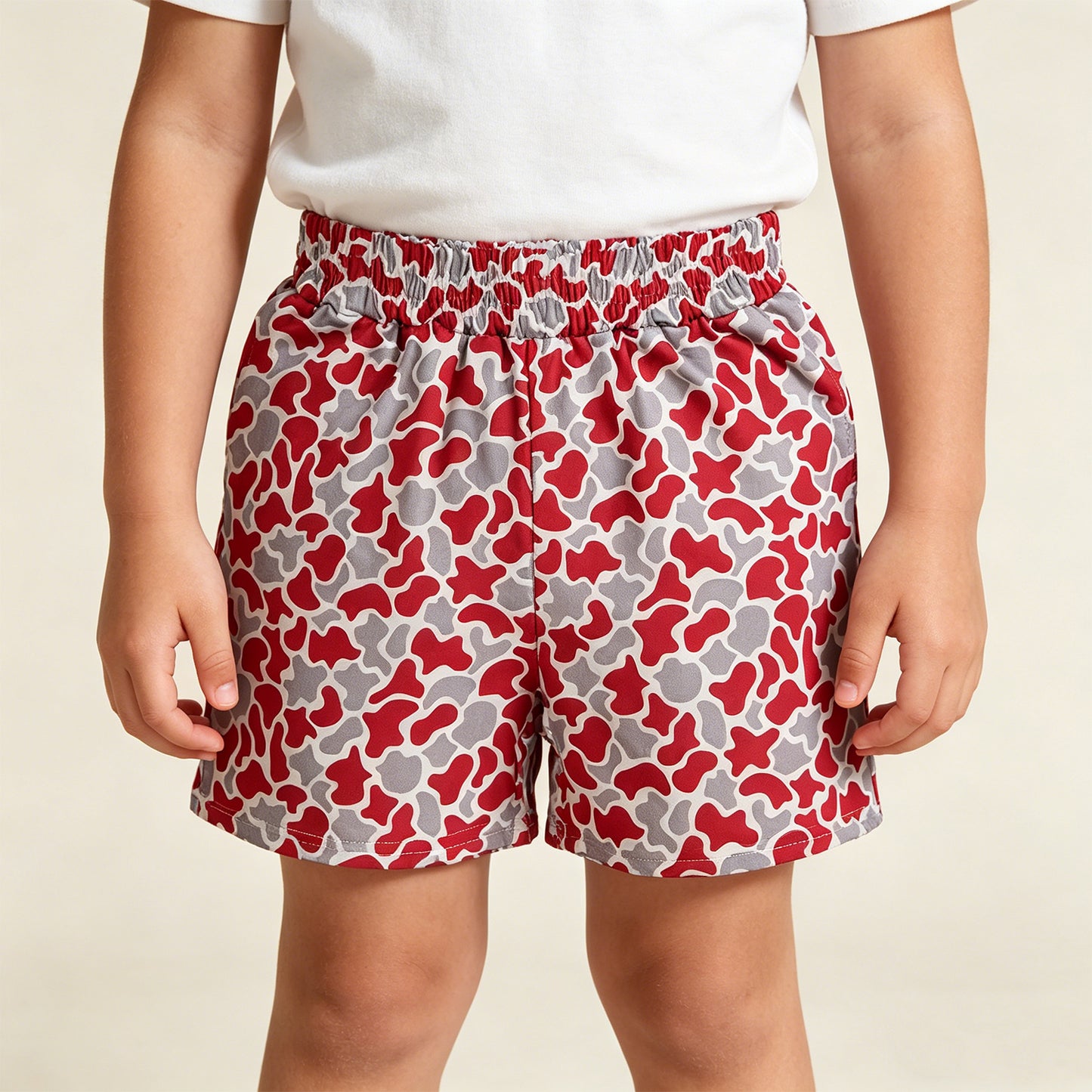 RTS NO MOQ milk silk SS0880 Baby Boys Camouflage Shorts with Pockets Red Grey Team Bottoms for Infants