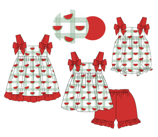 4.3 custom each style moq 5eta 4-6week Sibling Sisters watermelon red baby girl short sleeve shorts sets and dress and rompers match family design