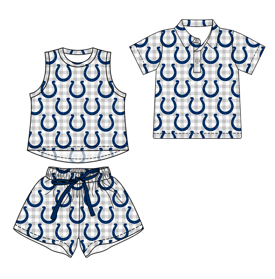 Custom moq 5 mix size milk silk summer teams Girls Checked Grey Top And Drawstring Short Sets Boys Checked Short Sleeve Button Polo Shirt Top