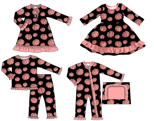 25.7.16 custom each style moq 5 eta 4-6week Sibling Sisters halloween pumpkin baby girl long sleeve pants sets and romper and dress 1 and dress 2 match family design