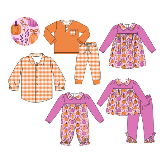 25.5.28 custom each style moq 5eta 4-6week Sibling Sisters pumpkin bow baby girl long sleeve pants sets 1 and sets 2 and romper and dress and top match family design