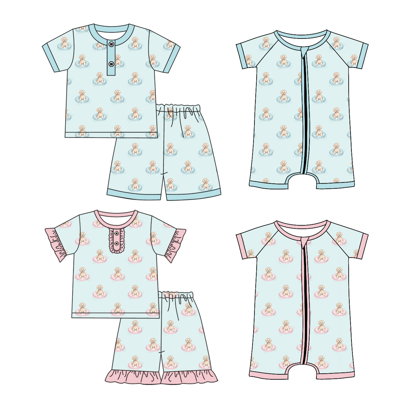 3.18 Custom moq 5 mix size Sibling Baby Boy And Girl Dog Short-Sleeved Pajama Set with Matching Zip-Up Romper
