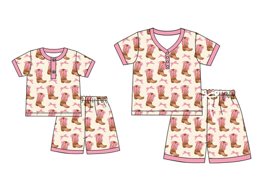 4.21 custom each style moq 5eta 4-6week Sibling Sister boots bow short sleeve shorts sets and adult sets match design