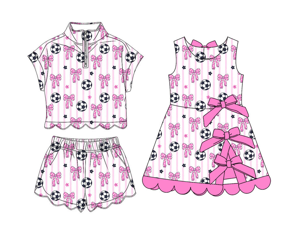 4.9 Custom moq 5 mix size Sibling Baby Girls Pink Bows Footballs Zipper Top Short Scallop Sets Yoga Active Scallop Short Knee Length Dress