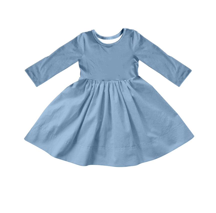 Custom moq 5 Girls Blank Cotton Long Sleeve Dress Dusty Blue Long Sleeve Dress