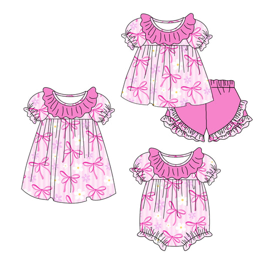 11.6 custom each style moq 5eta 4-6week Sibling Sister bow baby girl short sleeve shorts sets and dress and rompers match family design