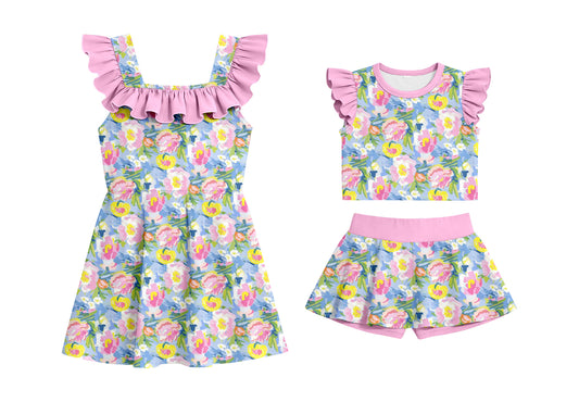 Custom moq 5 mix size Sibling Baby Girl Floral Print Pink Sleeveless Top And Shorts Set Dress Cute Summer Outfit for Infants