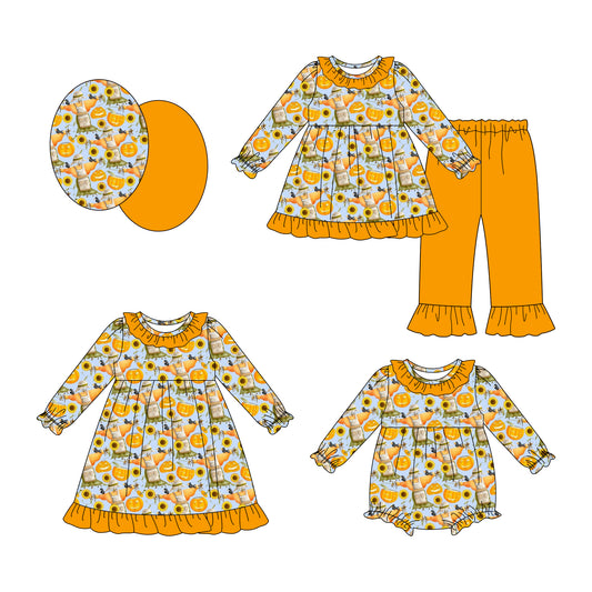 25.8.5 custom each style moq 5eta 4-6week Sibling Sisters pumpkin orange baby girl long sleeve pants sets and dress and rompers match family design
