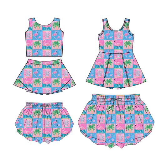 Custom moq 5 mix size Sibling Baby Girl's plaid Print Sleeveless Top And Skirt Yoga Set Yoga Dress with Shorts Mom And Me yoga shorts
