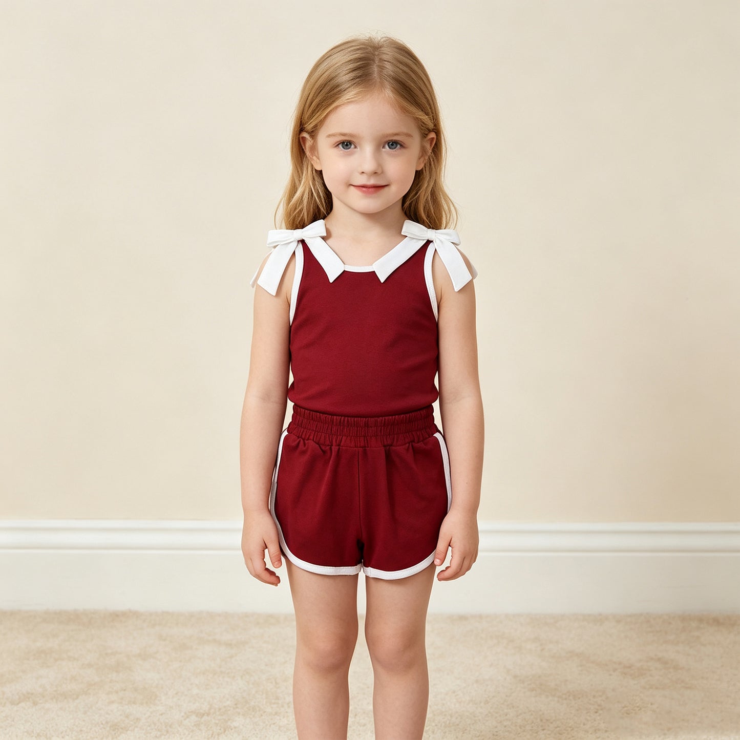 NEW RTS NO MOQ cotton GSSO3855 Baby Girls Maroon White Bows Sleeveless Vest Top Short Sets
