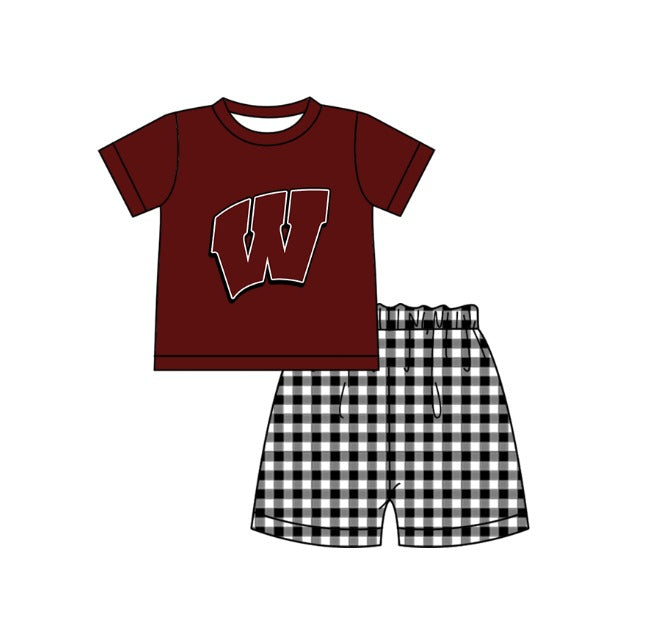 Custom moq 5 mix size milk silk summer teams baby girl boys clothes Dark Red Black and white checkered short sleeve shorts sets 3 and dress and rompers 2 series