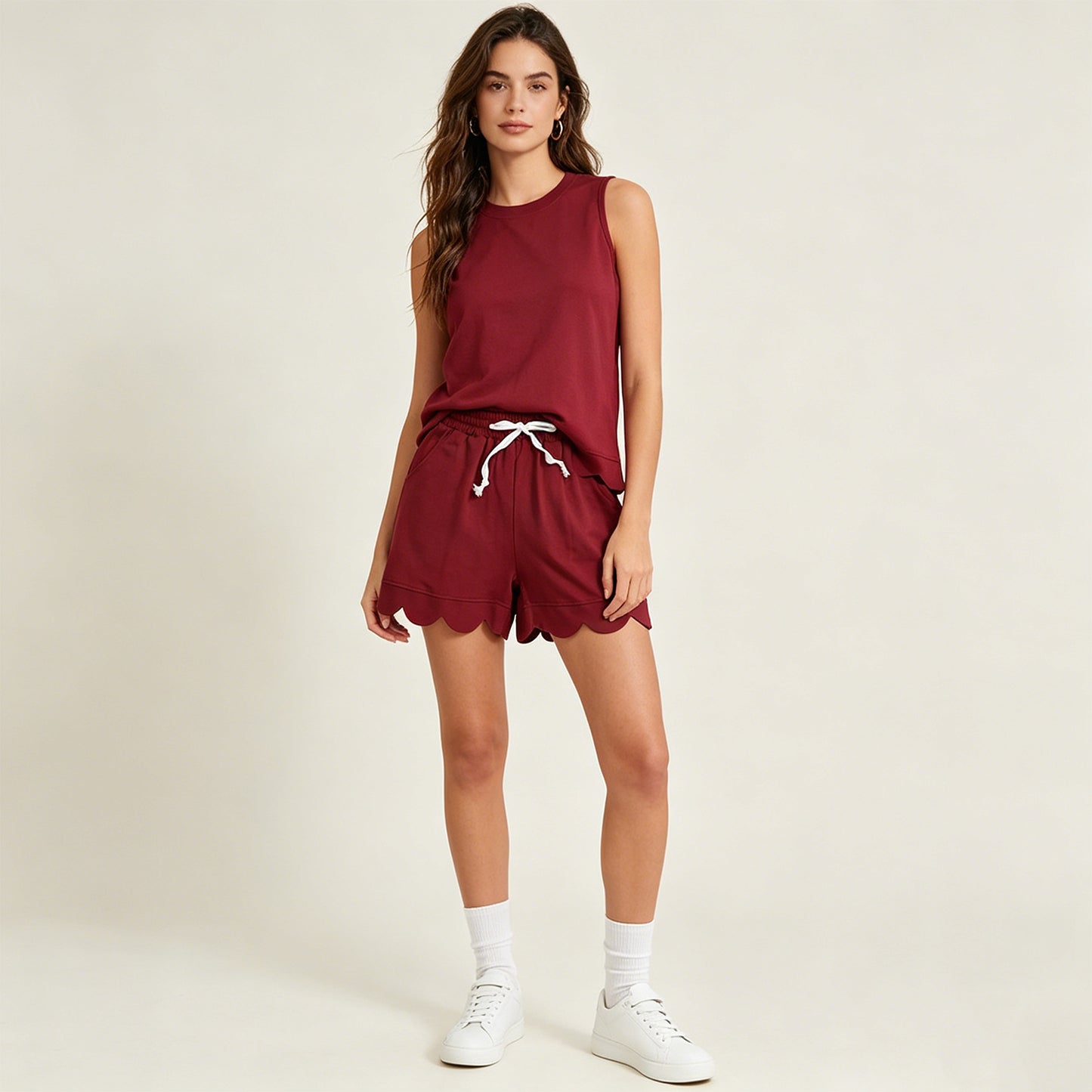 RTS NO MOQ cotton GSSO3735 Women Dark Red Sleeveless Blouse Scallop Hem Shorts Two Piece Set