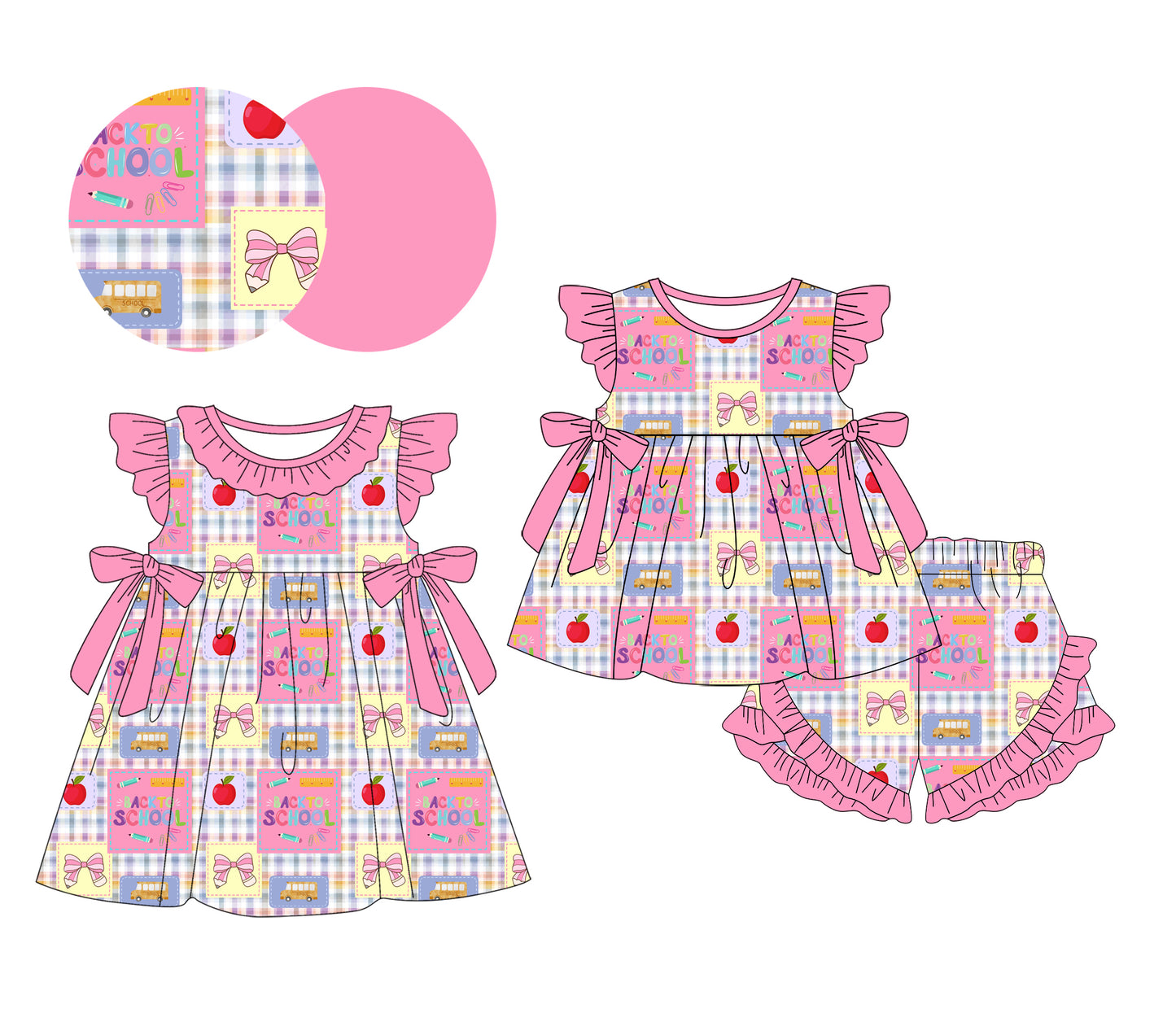 Custom moq 5 mix size Sibling Baby Girl's Back to School pink Short-Sleeved Top And Shorts Set Cute Dress for Summer