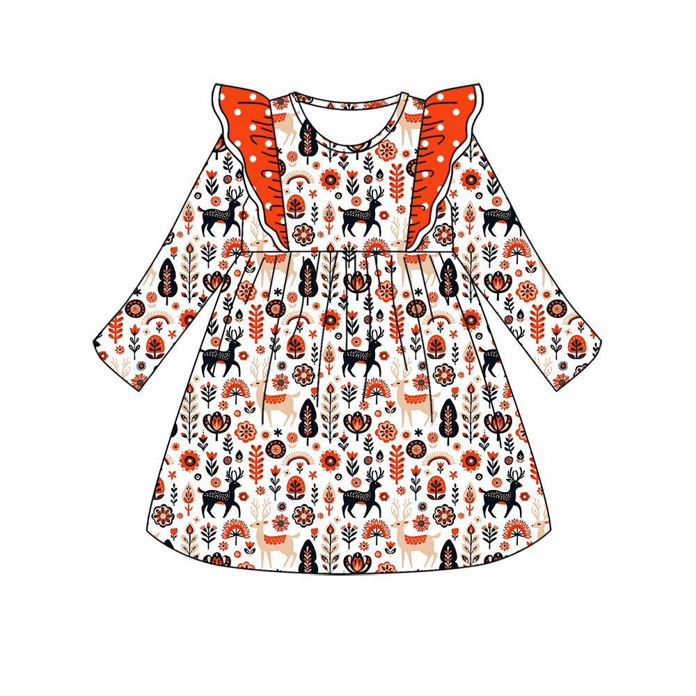 7.9 custom each style moq 5eta 4-6week Sibling Sister Christmas deer floral orange baby girls sets and dress and rompers match family design