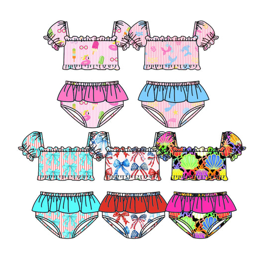 3.13 Custom moq 5 mix size Sibling Baby Girls Short-Sleeved  Top Two Pieces Swimsuits
