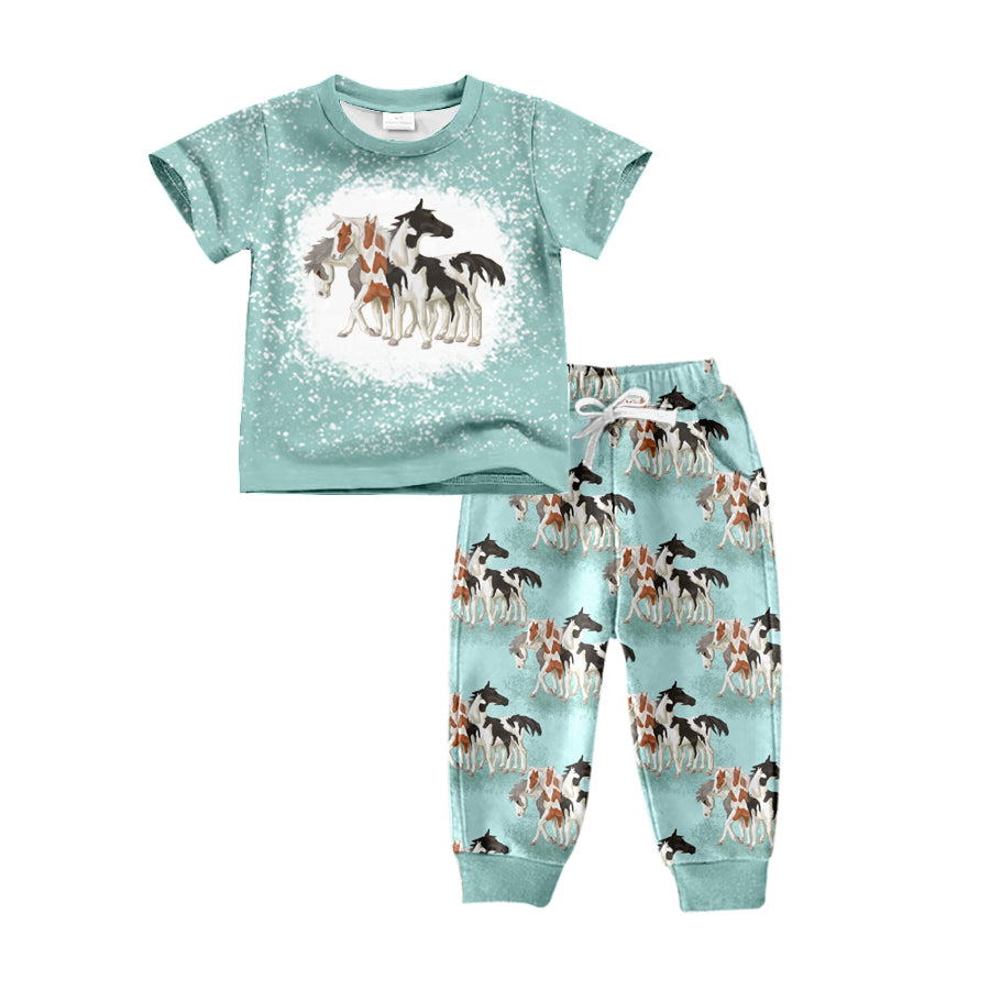 8.17 custom each style moq 5eta 4-6week baby boys clothes horse blue short sleeve pants sets