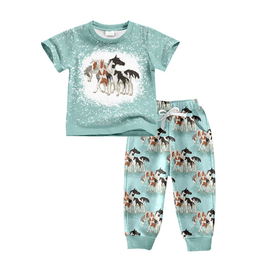 8.17 custom each style moq 5eta 4-6week baby boys clothes horse blue short sleeve pants sets