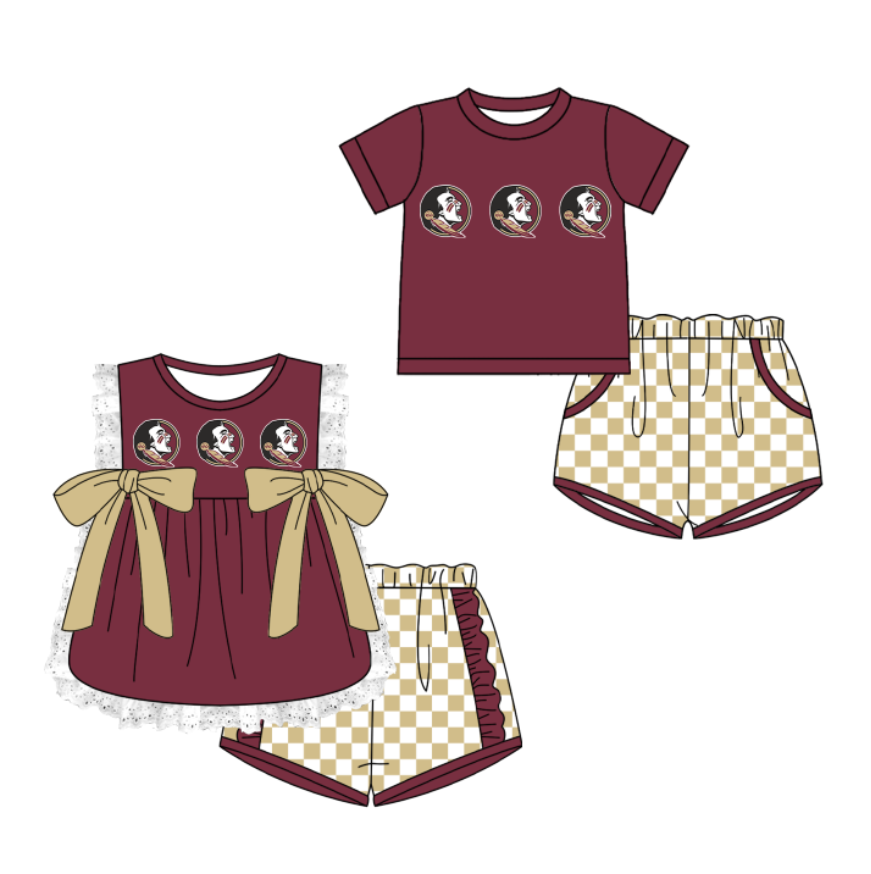 Custom moq 5 mix size milk silk summer teams Red Girl Sleeveless Top And Plaid Shorts Set with Bow Boy Short Sleeved Top And Plaid Shorts Set