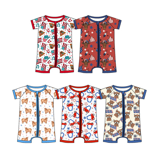 Custom moq 5 mix size Sibling Baby Boy's Short-Sleeved Zippered 4th of July Romper Bull's Head Print Baby Romper for Boys