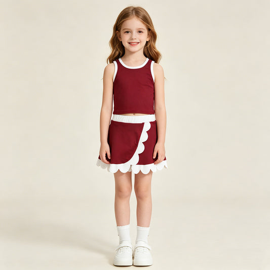 RTS NO MOQ GSD4027 yoga fabric Kids Girls Dark Red Scallop Sleeveless Vest Yoga Skirt Clothes Set