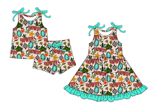4.8 custom each style moq 5eta 4-6week Sibling Sister HOWDY baby girl short sleeve shorts sets and dresses match design