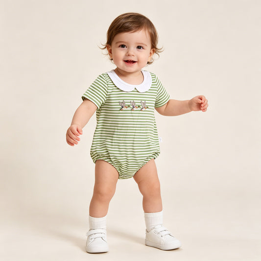 RTS NO MOQ SR4083 Toddler Boys Hunting Collar Rompers Green Stripe With Duck Embroidery