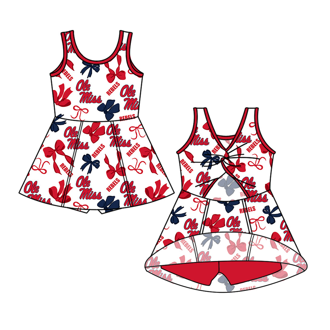 Custom moq 5 mix size milk silk summer teams Navy Blue Red Bow Baby Girls Vest Top Skirt Shorts Sets Sleeveless Yoga Knee Length Dresses Yoga Shorts