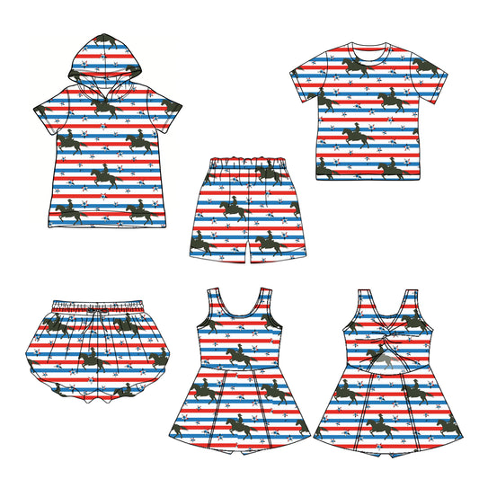 Custom moq 5 mix size Sibling Baby Boy Short-Sleeved Hooded Top and Crew Neck Top with Shorts Baby Girl Yoga Shorts And Dress for Kids Striped Print 4th of July Clothing