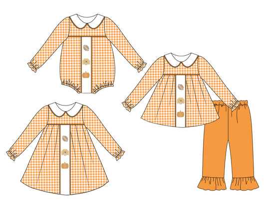 25.6.7 custom each style moq 5eta 4-6week Sibling Sisters pumpkin turkey rugby bow baby girl long sleeve pants sets and dress and rompers match family design