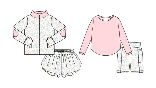 25.9.1 custom each style moq 5eta 4-6week Sibling Sisters floral baby girl long sleeve shorts sets and skirts sets match family design