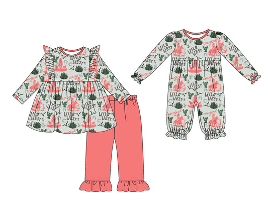25.7.19 custom each style moq 5eta 4-6week Sibling Sister riding horse baby girl long sleeve pants sets and rompers match family design