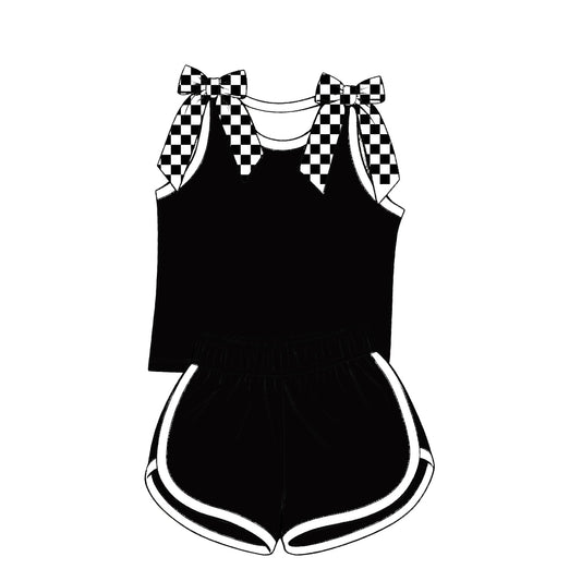 custom moq 5 mix size Baby Girls Black White Checked Bow Sleeveless Top Shorts Summer Casual Outfit Set