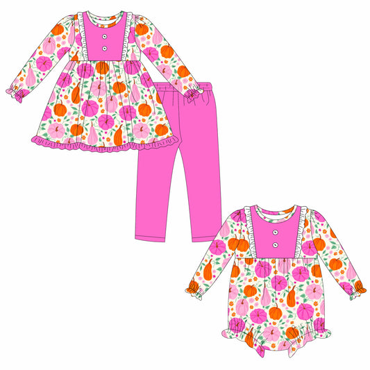 25.6.18 custom each style moq 5eta 4-6week Sibling Sisters pumpkin baby girl long sleeve pants sets and rompers match family design