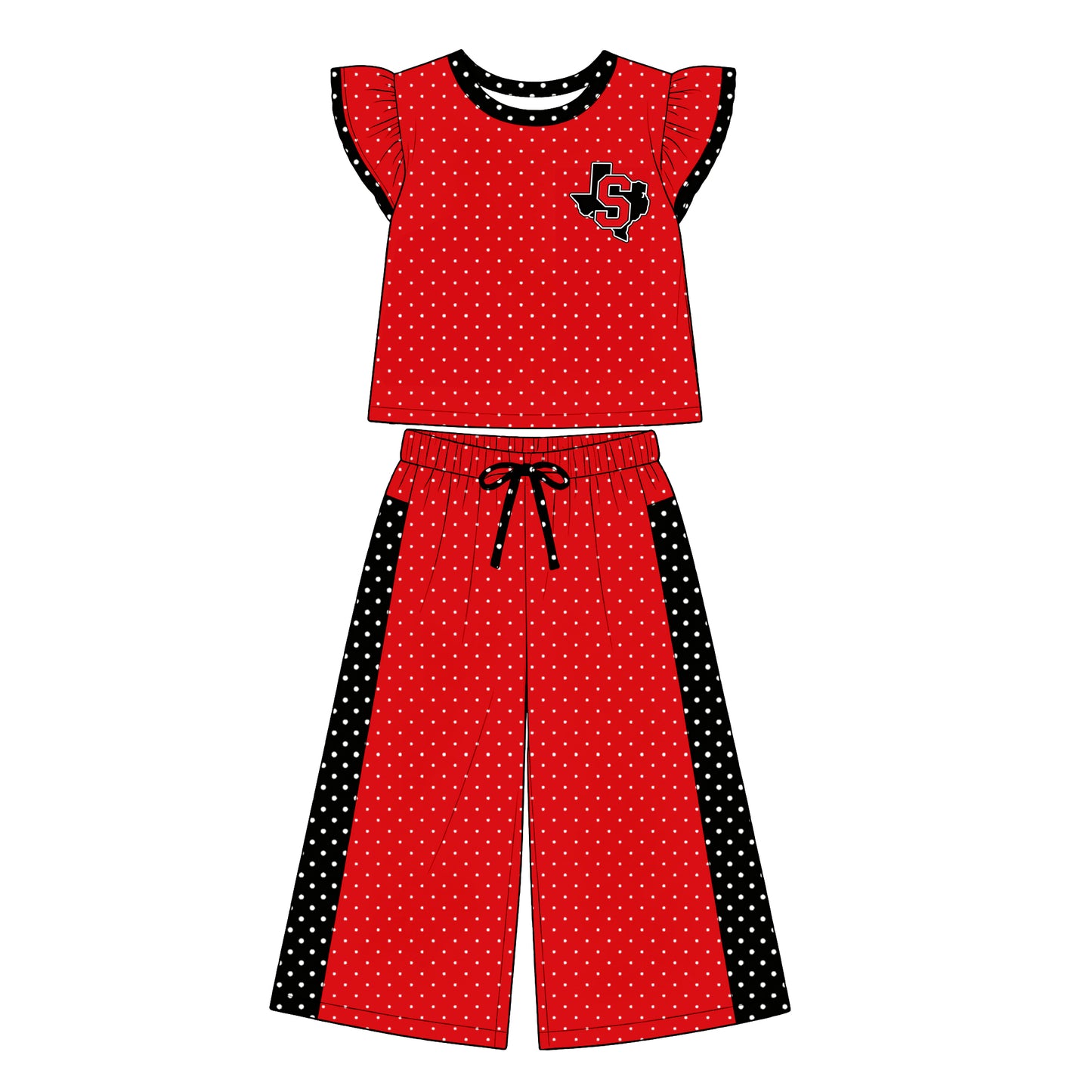 custom moq 5 mix size GSLP0101 Baby Girls Cute Polka Dot Print Flutter Sleeve Top Bell Bottom Flare Pants Team Clothes Set