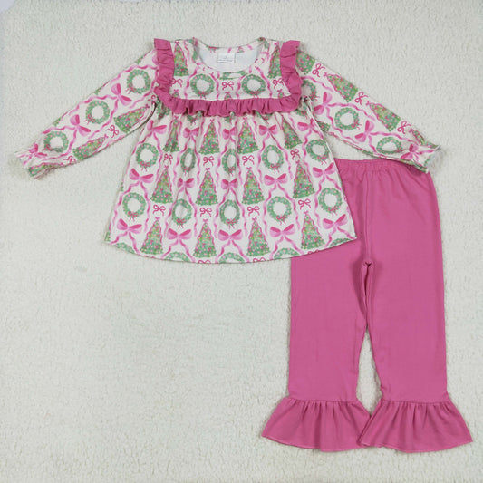 RTS NO MOQ（In Stock ) GLP2339 Christmas tree rose red bow pattern lace long sleeve trousers suit