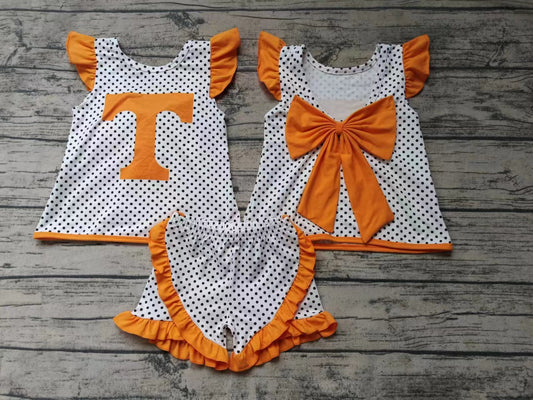 custom moq 5 eta 5weeks summer team T baby girls clothes orange flying sleeve shorts set
