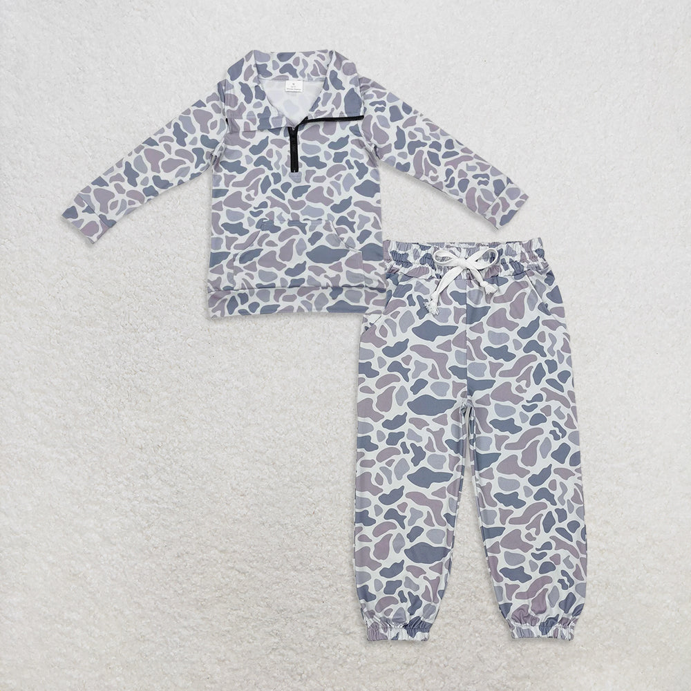 RTS NO MOQ BT1041+P0651 Camo gray-blue zippered long-sleeved top with pockets drawstring pants set