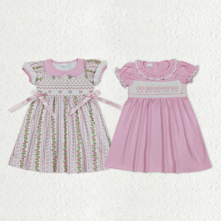 RTS Sibling baby girls clothes embrodiery bow floral short sleeve dresses