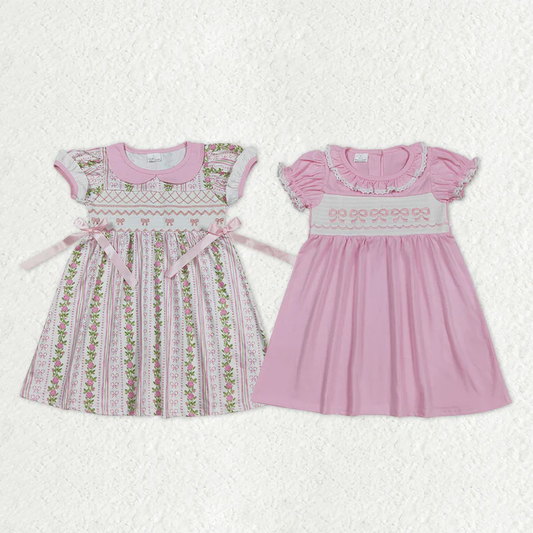 RTS Sibling baby girls clothes embrodiery bow floral short sleeve dresses
