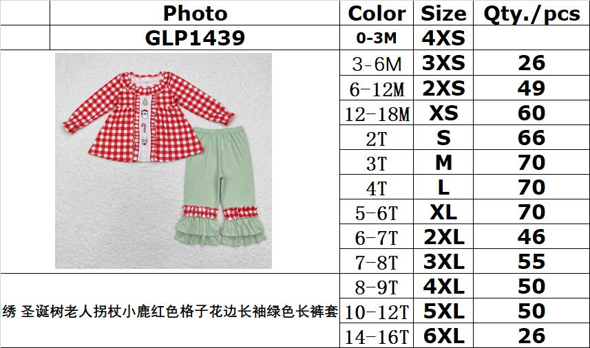 rts no moq GLP1439 Embroidery Christmas tree old man walking stick deer red plaid lace long sleeve green trousers set