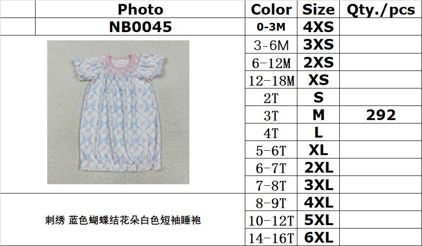 RTS NO MOQ NB0045 White short-sleeved robe with embroidery blue bow flower