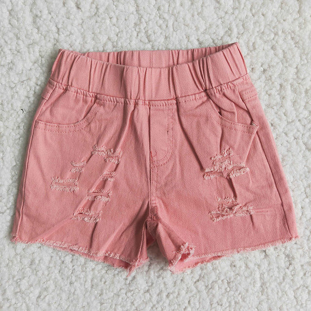 RTS NO MOQ Sibling Baby Girls pink elastic denim shorts