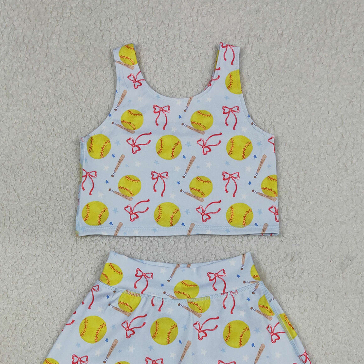 RTS NO MOQ GSD3836 Baby Girls Softball Bows Vest Top Skirt Short Set Team Yoga Active Outfit for Kids