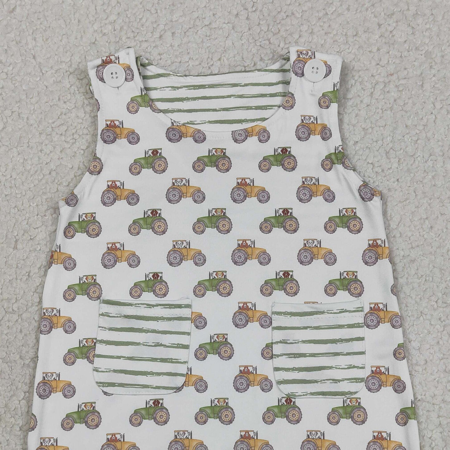 RTS NO MOQ SR1586 milk silk Baby Boys Cute Sleeveless Tractors Farm Pocket Rompers