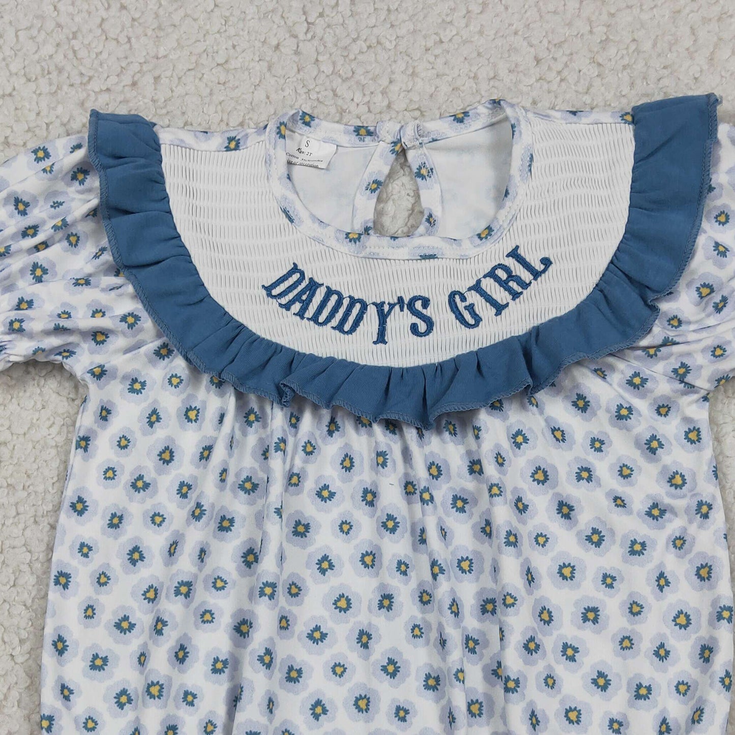 RTS NO MOQ milk silk SR4141 Baby Girls Smocked Daddys Girl Blue Flowers Ruffle Rompers