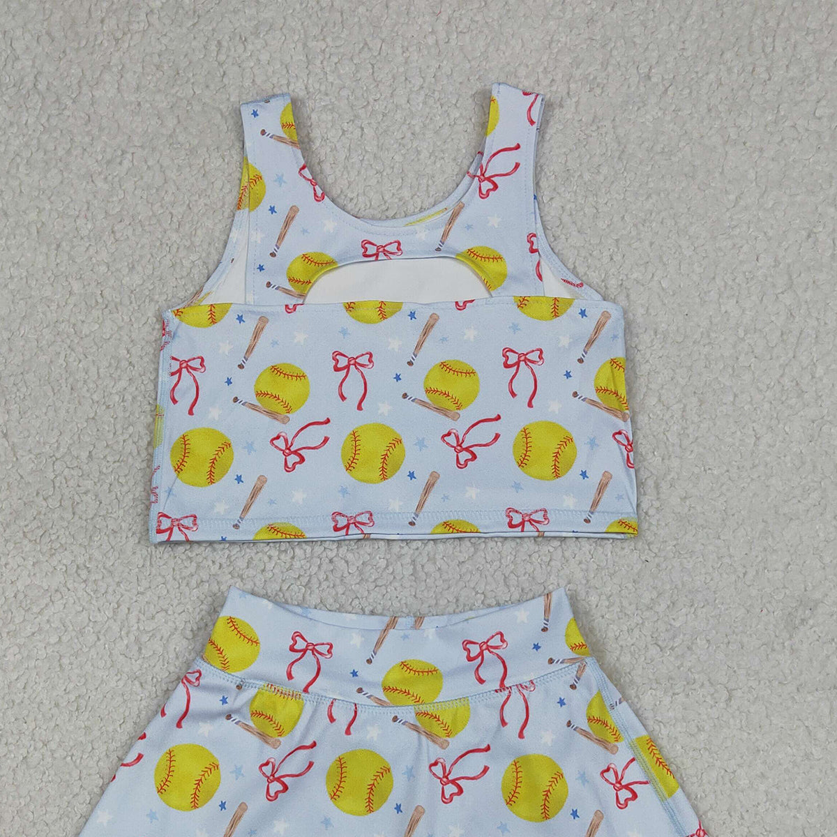 RTS NO MOQ GSD3836 Baby Girls Softball Bows Vest Top Skirt Short Set Team Yoga Active Outfit for Kids