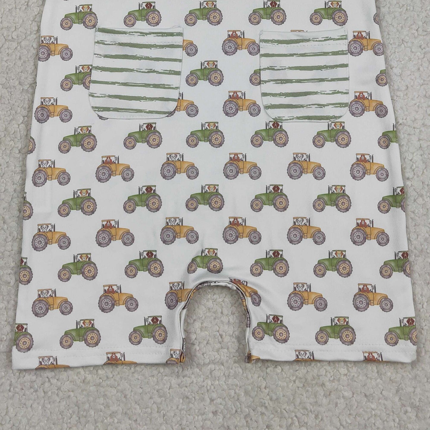 RTS NO MOQ SR1586 milk silk Baby Boys Cute Sleeveless Tractors Farm Pocket Rompers